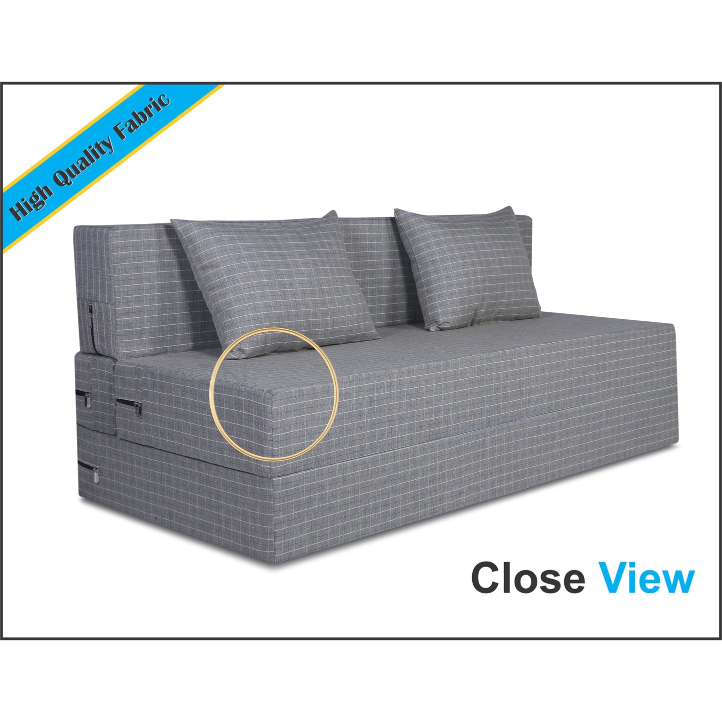 Adorn India Easy Three Seater Sofa Cum Bed Checks Design 5' x 6' (Beige)