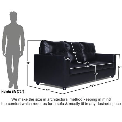 Adorn India Astor Leatherette 3 Seater Sofa (Black)