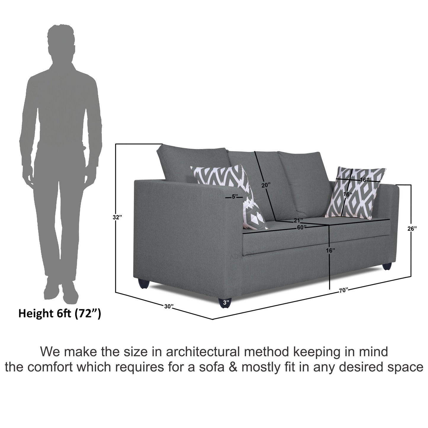 Adorn India Zink Straight Line 3 Seater Sofa (Grey)