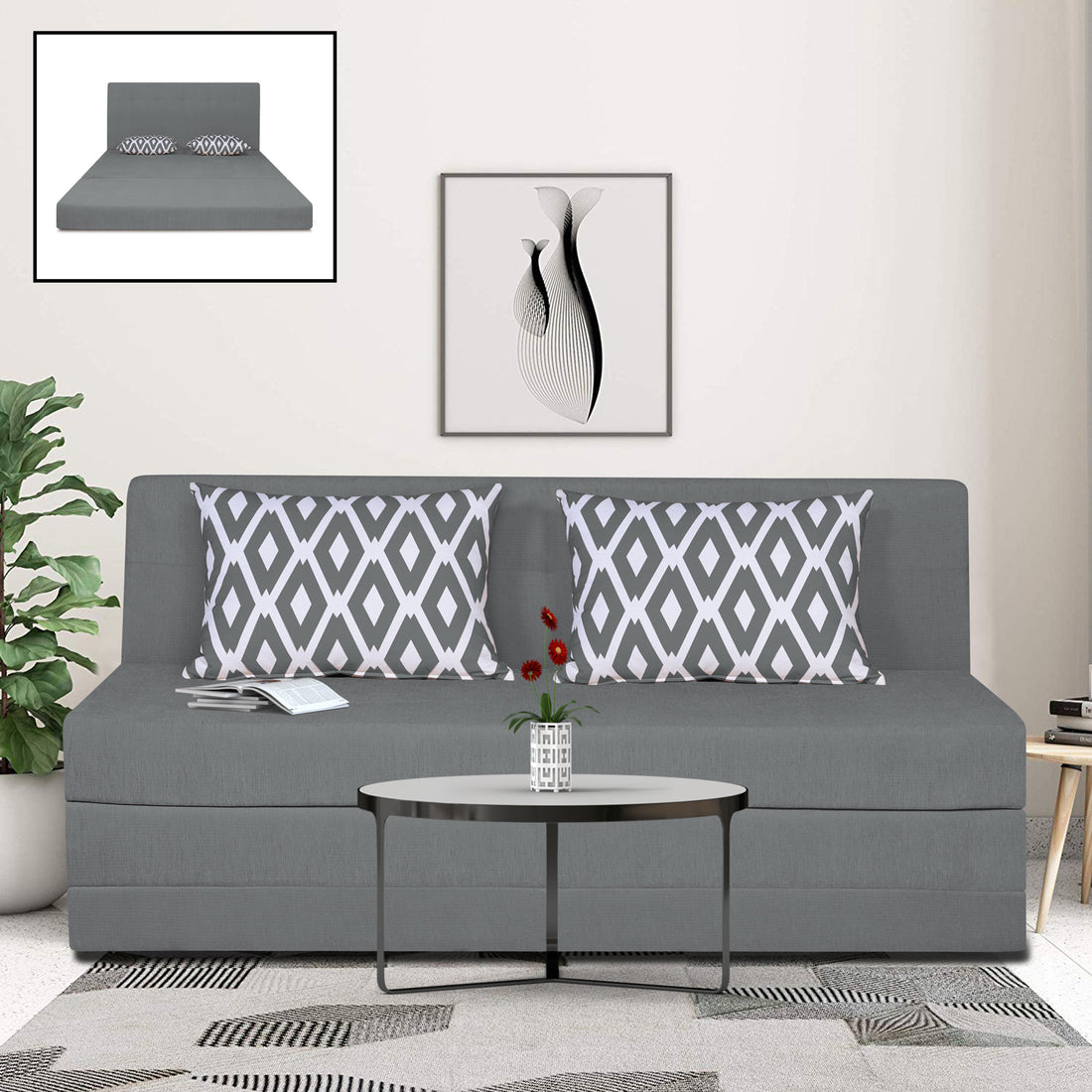 Adorn India Easy Highback Three Seater Sofa Cum Bed Rhombus 6'x 6' Grey (3 Year Warranty)