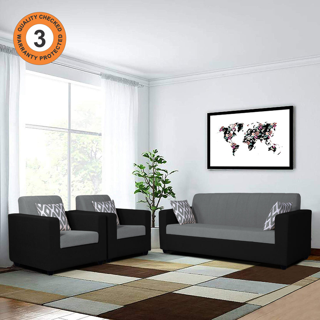 Adorn India Rio Highback 3-1-1 5 Seater Sofa Set (Black & Grey)