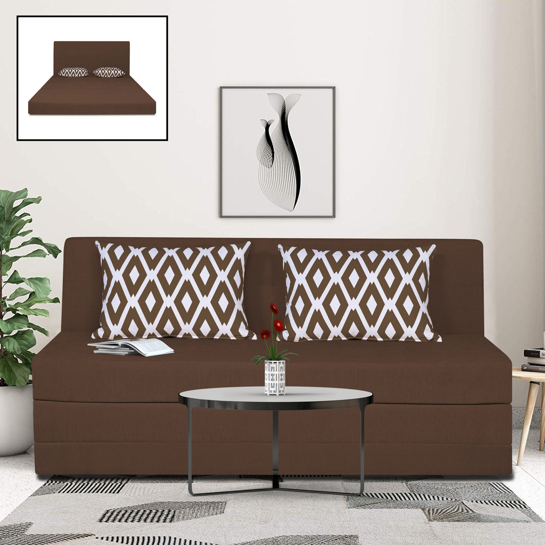 Adorn India Easy Highback Three Seater Sofa Cum Bed Rhombus 6' x 6' (Brown) (1 Year Warranty)