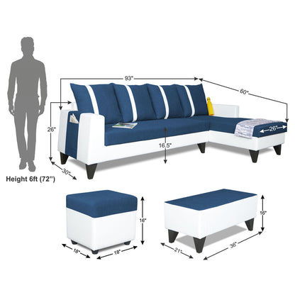 Adorn India Ashley L Shape Stripes Leatherette Fabric Sofa Set 8 Seater with 2 Ottoman Puffy & Center Table (Right Side) (Blue & White)