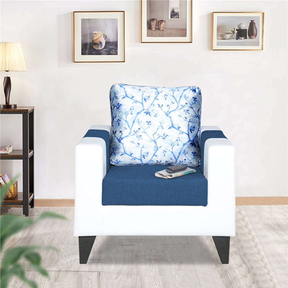 Adorn India Ashley Digitel Print Leatherette Fabric 1 Seater Sofa (Blue & White) (3 Year Warranty)