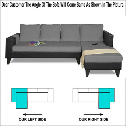 Adorn India Ashley L Shape 5 Seater Sofa Set Leatherette Fabric Plain (Right Hand Side) (Grey & Black)