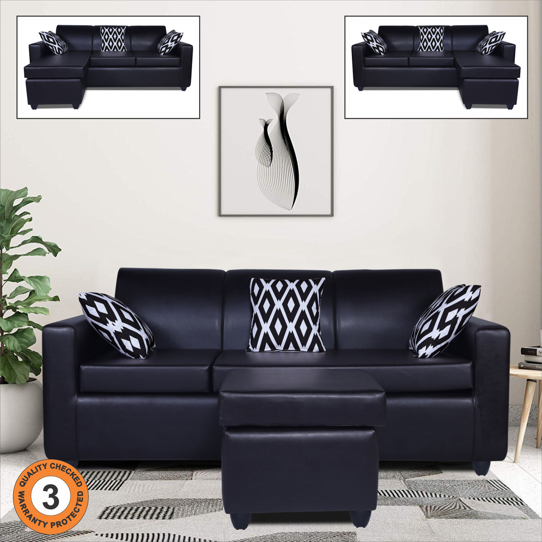 Adorn India Monteno Leatherette Modular 4 Seater Sofa Set (Black) (3 Year Warranty)