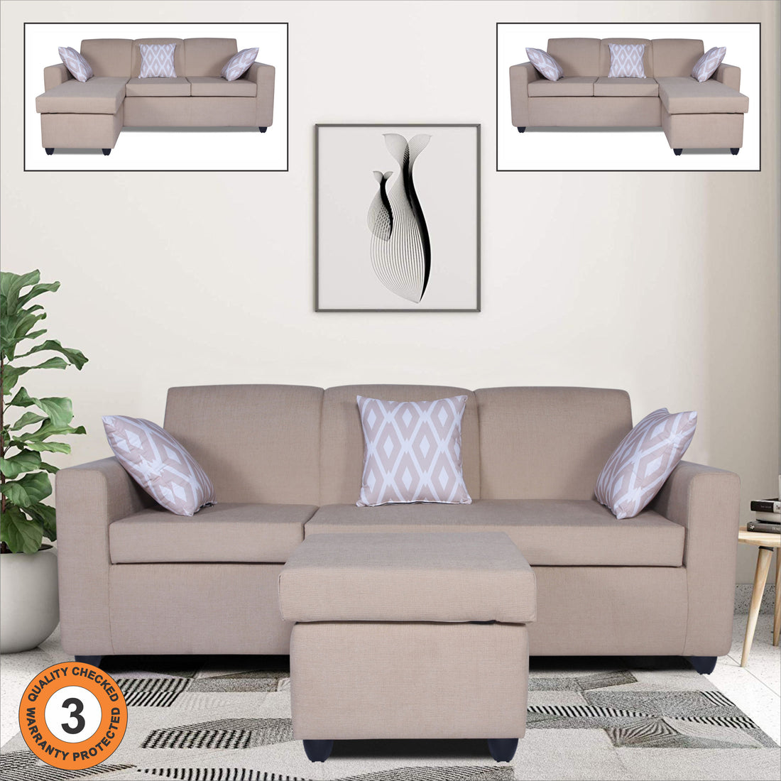 Adorn India Monteno L Shape 4 Seater Sofa Set (Beige) (3 Year Warranty)