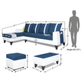 Adorn India Ashley Stripes Leatherette Fabric L Shape 8 Seater Sofa Set with 2 Ottoman Puffy & Center Table LHS (Blue & White) (3 Year Warranty)