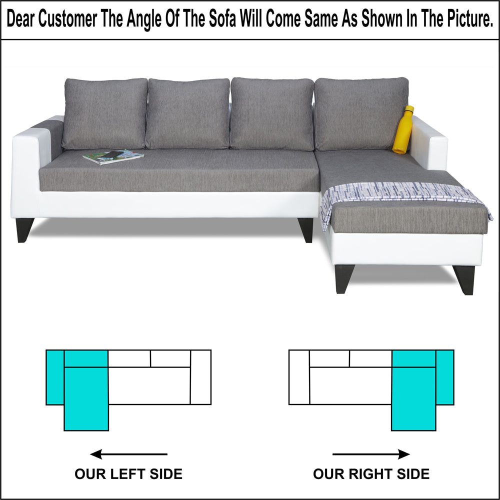 Adorn India Ashley L Shape Plain Leatherette Fabric Sofa Set 8 Seater with 2 Ottoman Puffy & Center Table (Right Side) (Grey)