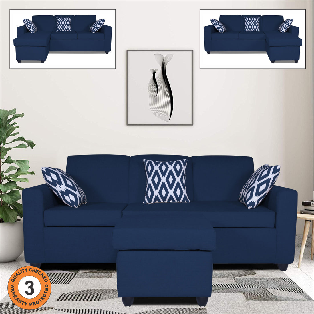 Adorn India Monteno L Shape 4 Seater Sofa Set (Blue) (3 Year Warranty)