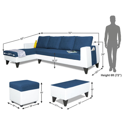 Adorn India Ashley L Shape Plain Leatherette Fabric Sofa Set 8 Seater with 2 Ottoman Puffy & Center Table (Left Side) (Blue)