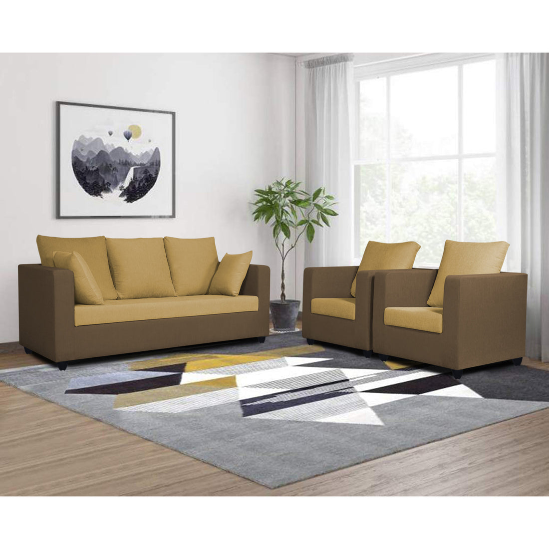 Zink Straight Line 3-1-1 5 Seater Sofa Set (Brown & Beige)