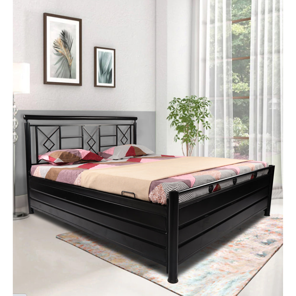 Adorn India Metal Box Spring Queen Bed with Storage-(Matte_Black)
