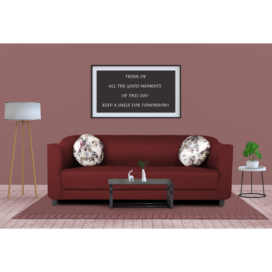 Adorn India Brisco 3 Seater Sofa (Maroon), Wood, Foam
