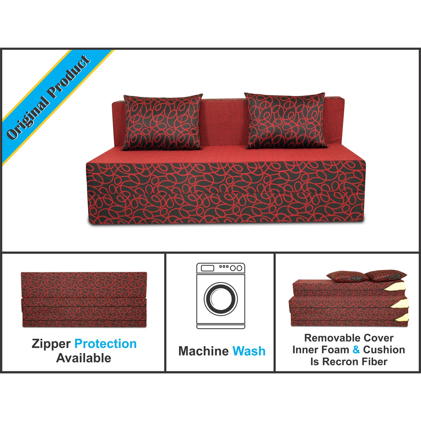 Adorn India Easy Three Seater Sofa Cum Bed Poly Cotton (Maroon & Black) 5'X6'