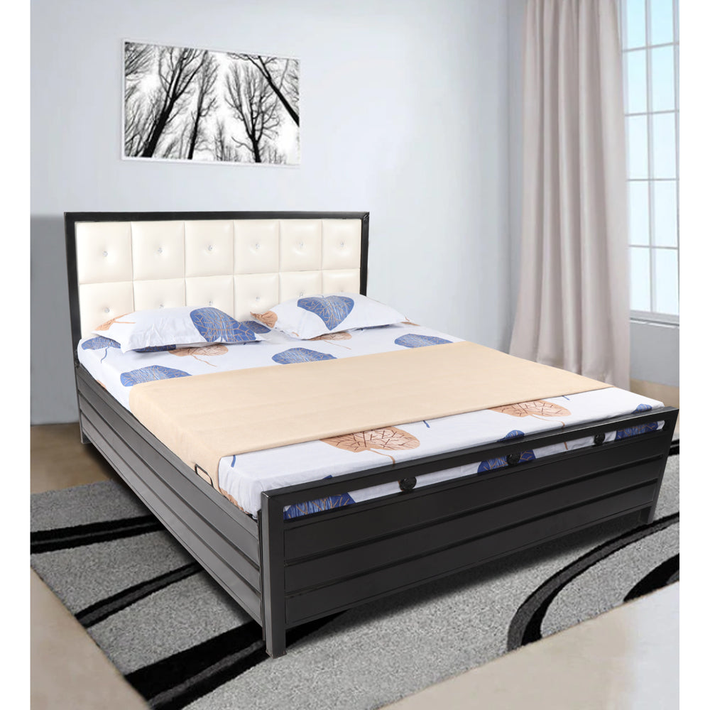 Adorn India Calypso Wrought Iron Bed with Back Cushion Queen Size Box Spring Storage (Without Mattress; Matte; Black)
