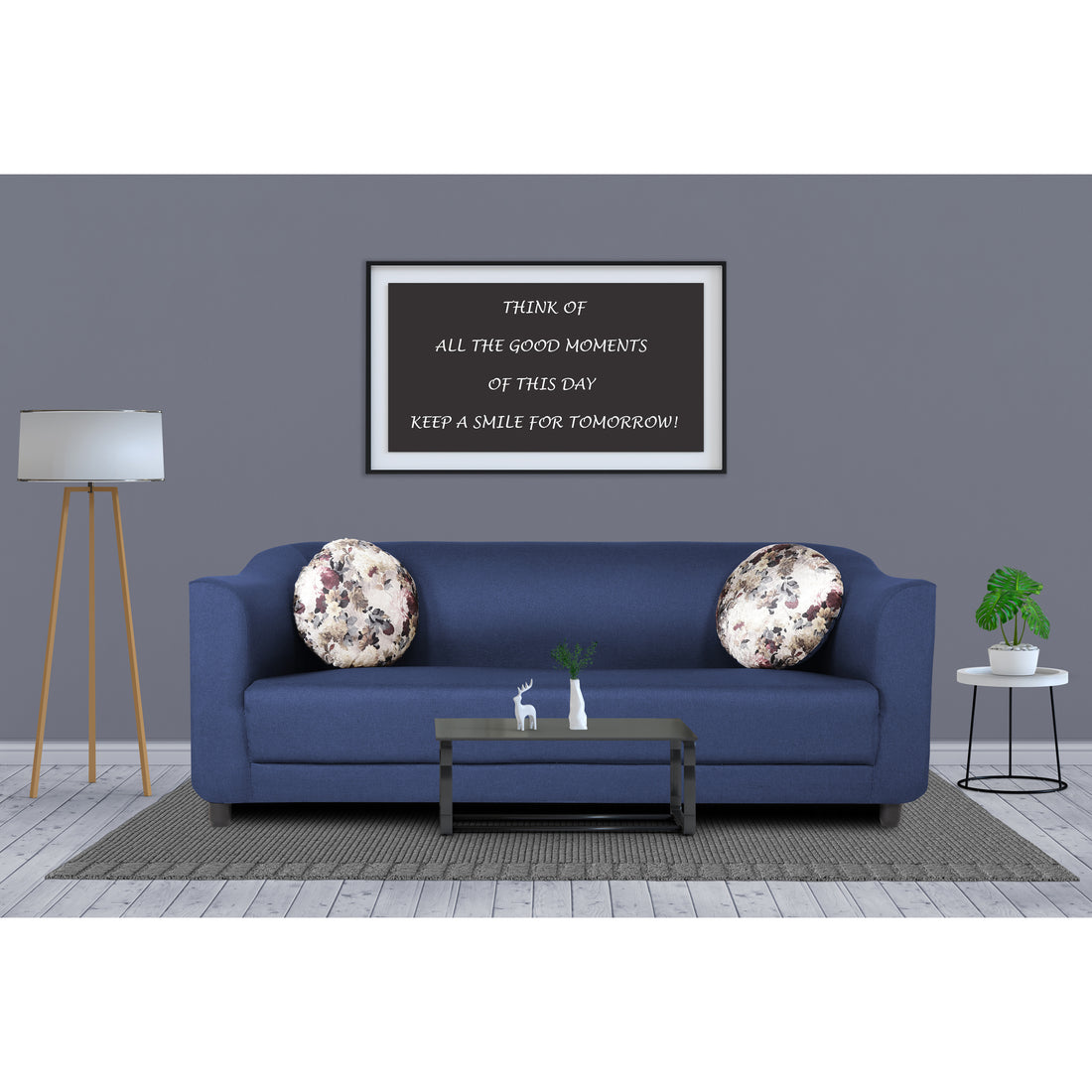 Adorn India Brisco 3 Seater Sofa (Blue), Wood, Foam