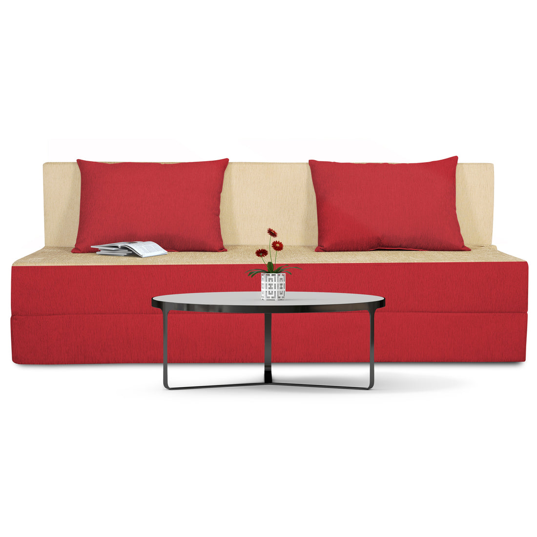 Adorn India Easy 4 Seater Sofa Cum Bed (2 Years Warrenty Quality Foam)-Perfect for Seat & Sleep Washeble Polyster Fabric Cover (Red & Beige) 6'x6'.Pillows Free (1 Year Warranty)