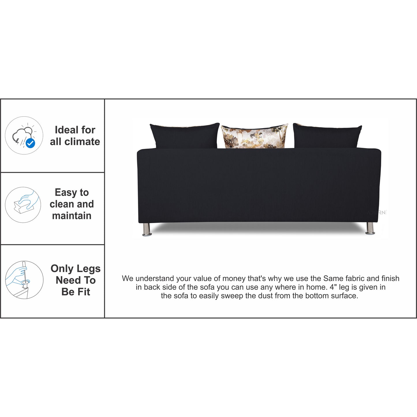 Adorn India Alita 3 Seater Compact Sofa (Black)