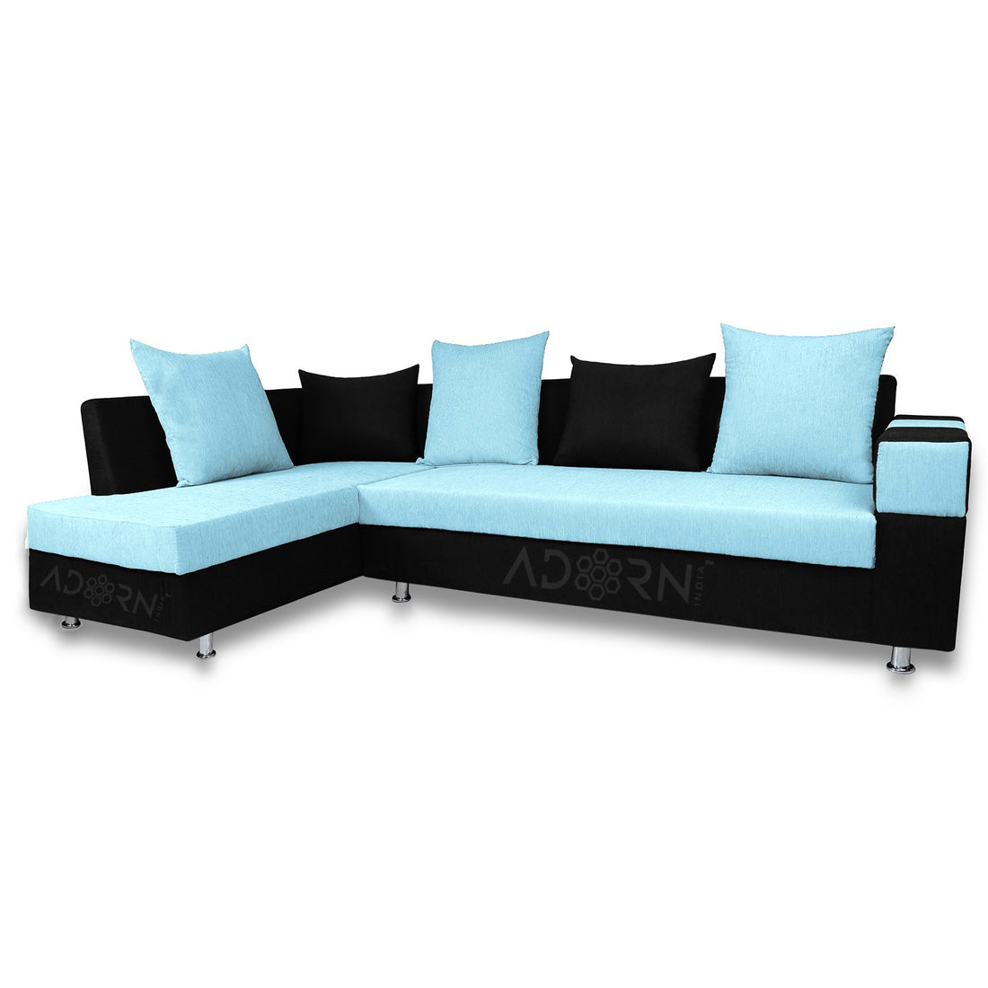 Adorn India Adillac 5 Seater Corner Sofa(Left Side Handle)(Light Blue & Black)