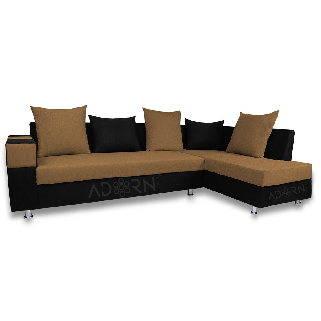 Adorn India Adillac 5 Seater Corner Sofa(Camel & Black), Wood, Foam