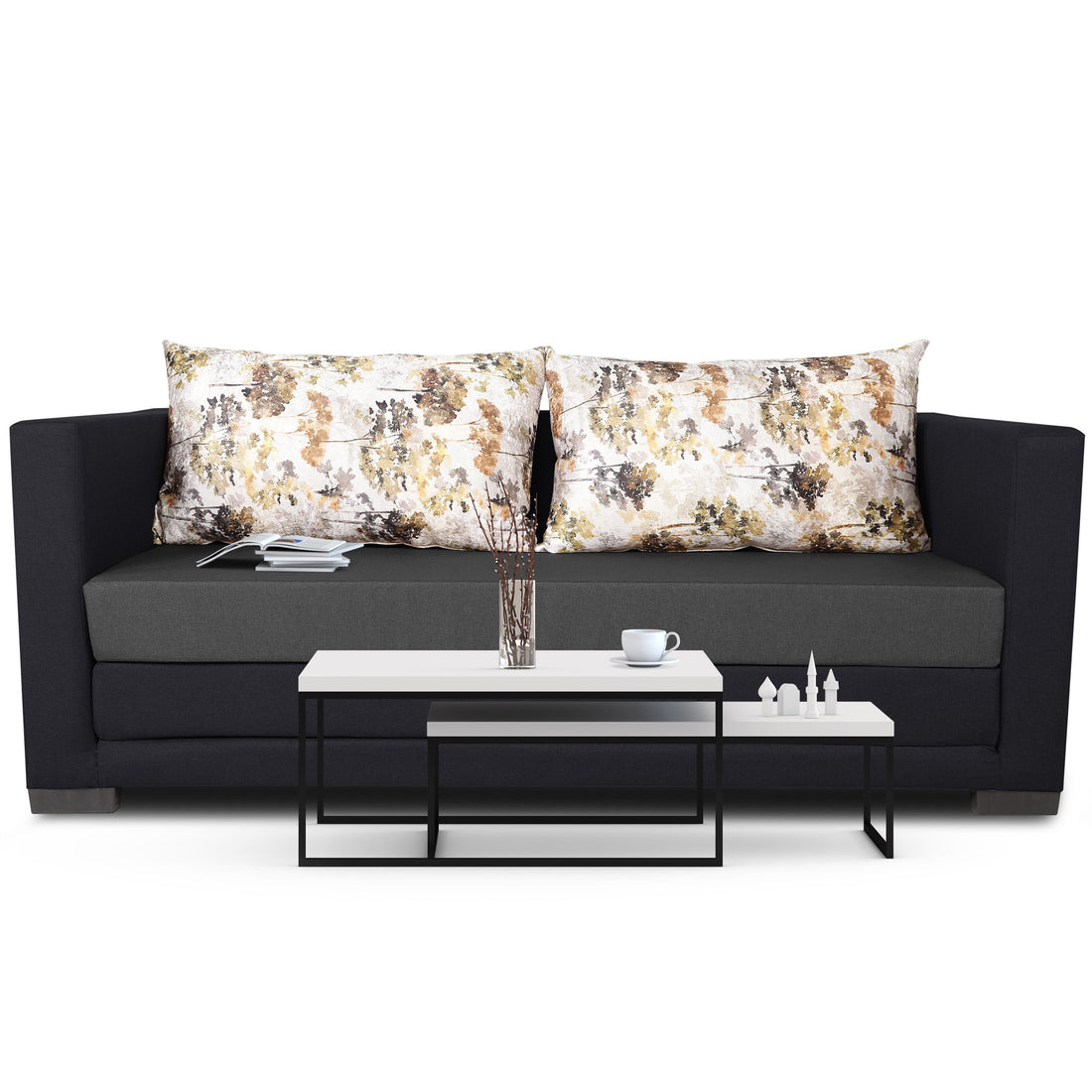 3 Seater Sofa Cum Bed Exclusive Two Tone Straight Line (Dark Grey & Black), Wood, Foam