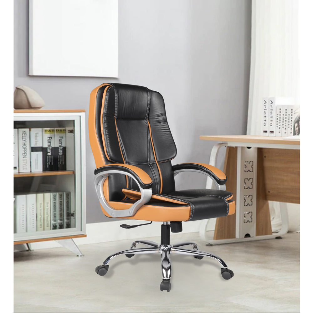 Adorn India Elegante, High-Back Leatherette and Rubberwood Adjustable Executive Office Ergonomic Chair (Black & Tan)