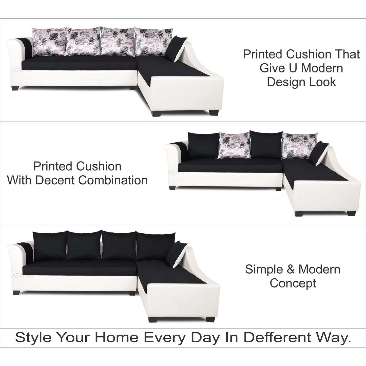 Adorn India Aliana L Shape Leatherette Fabric 6 Seater Sofa (Black & White)