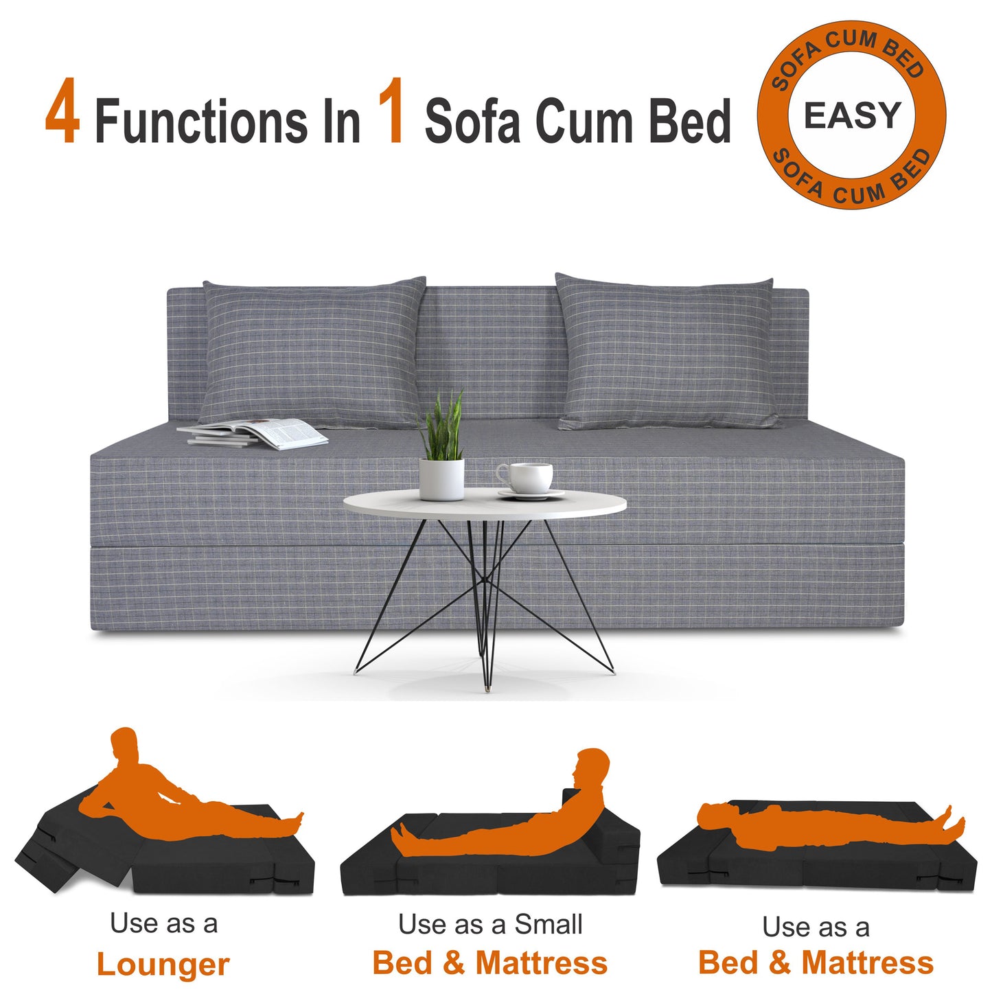 Adorn India Easy Three Seater Sofa Cum Bed Checks Design 5' x 6' (Beige)