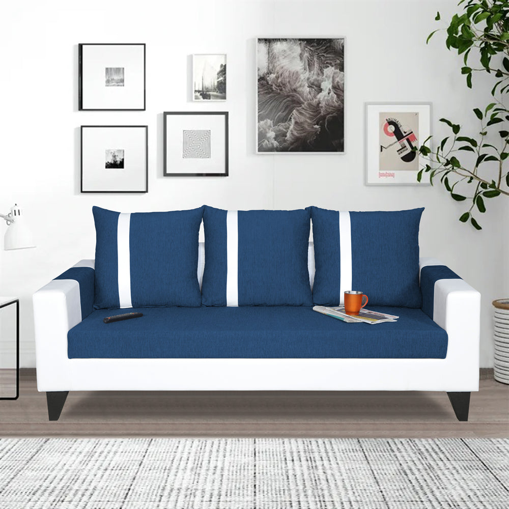 Adorn India Ashley Stripes Leatherette Fabric 3 Seater Sofa (Blue & White) (3 Year Warranty)