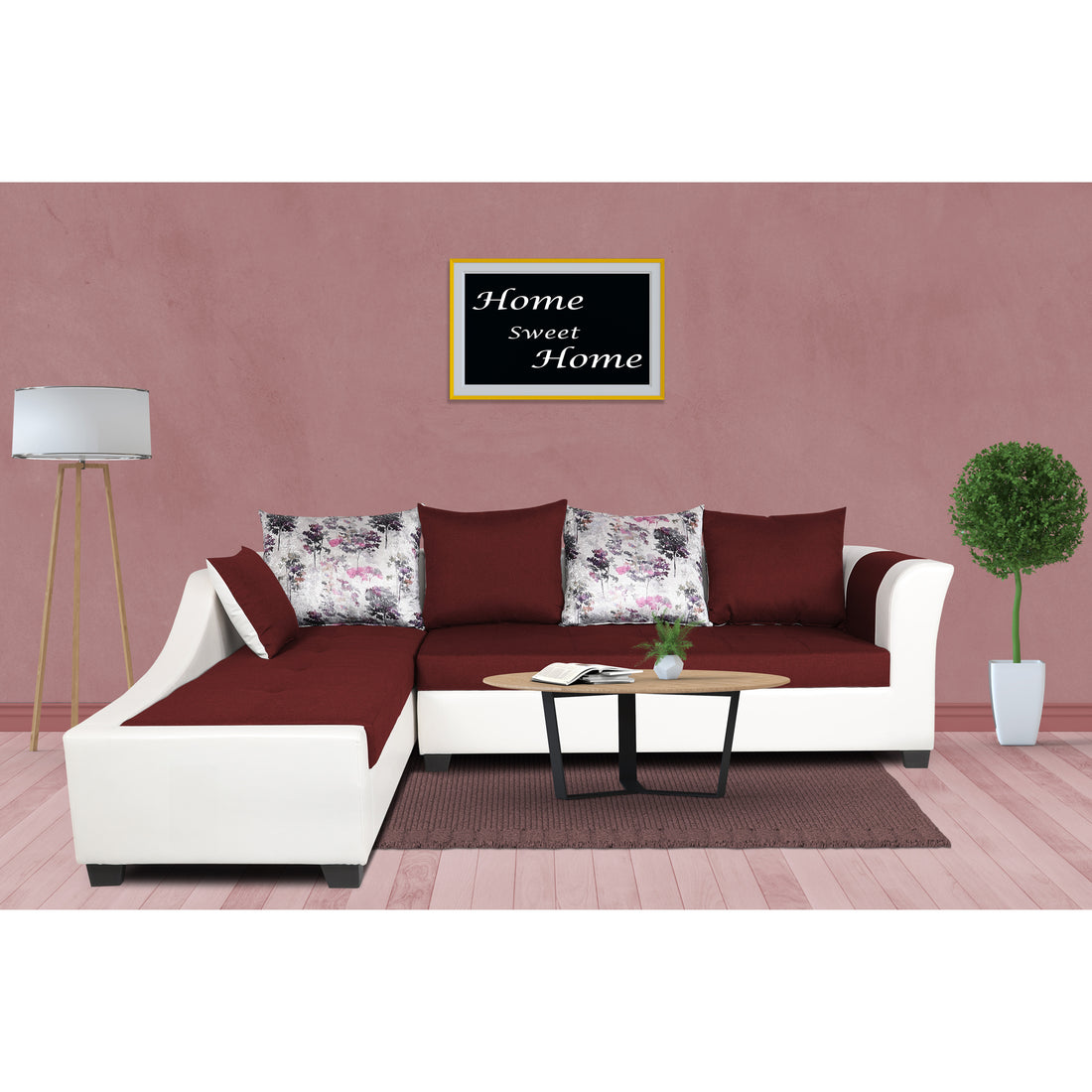 Adorn India Aliana L Shape Leatherette Fabric 6 Seater Sofa Set LHS (Maroon & White) (3 Year Warranty)