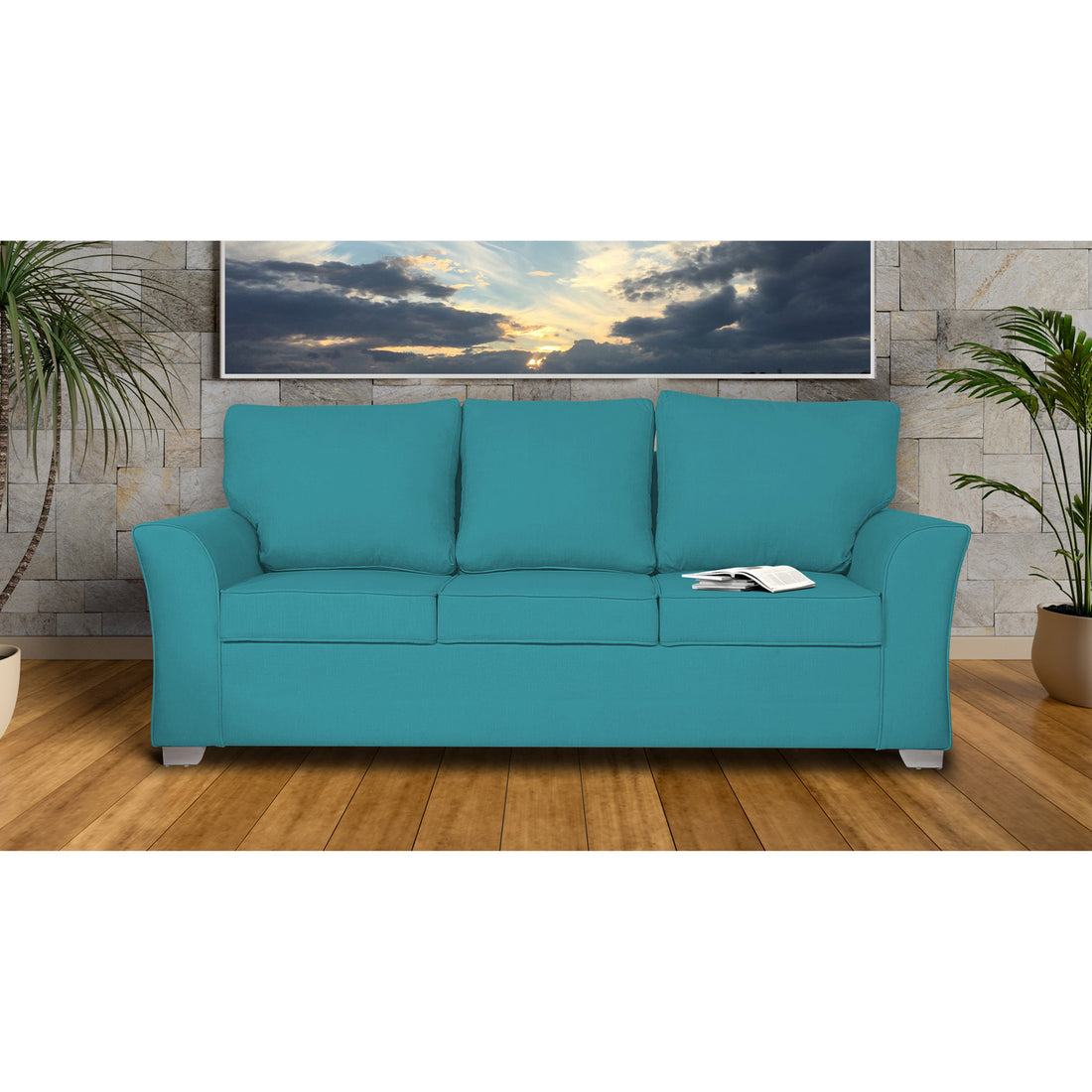 Adorn India Alexia 3 Seater Sofa(Aqua Blue), Wood, Foam