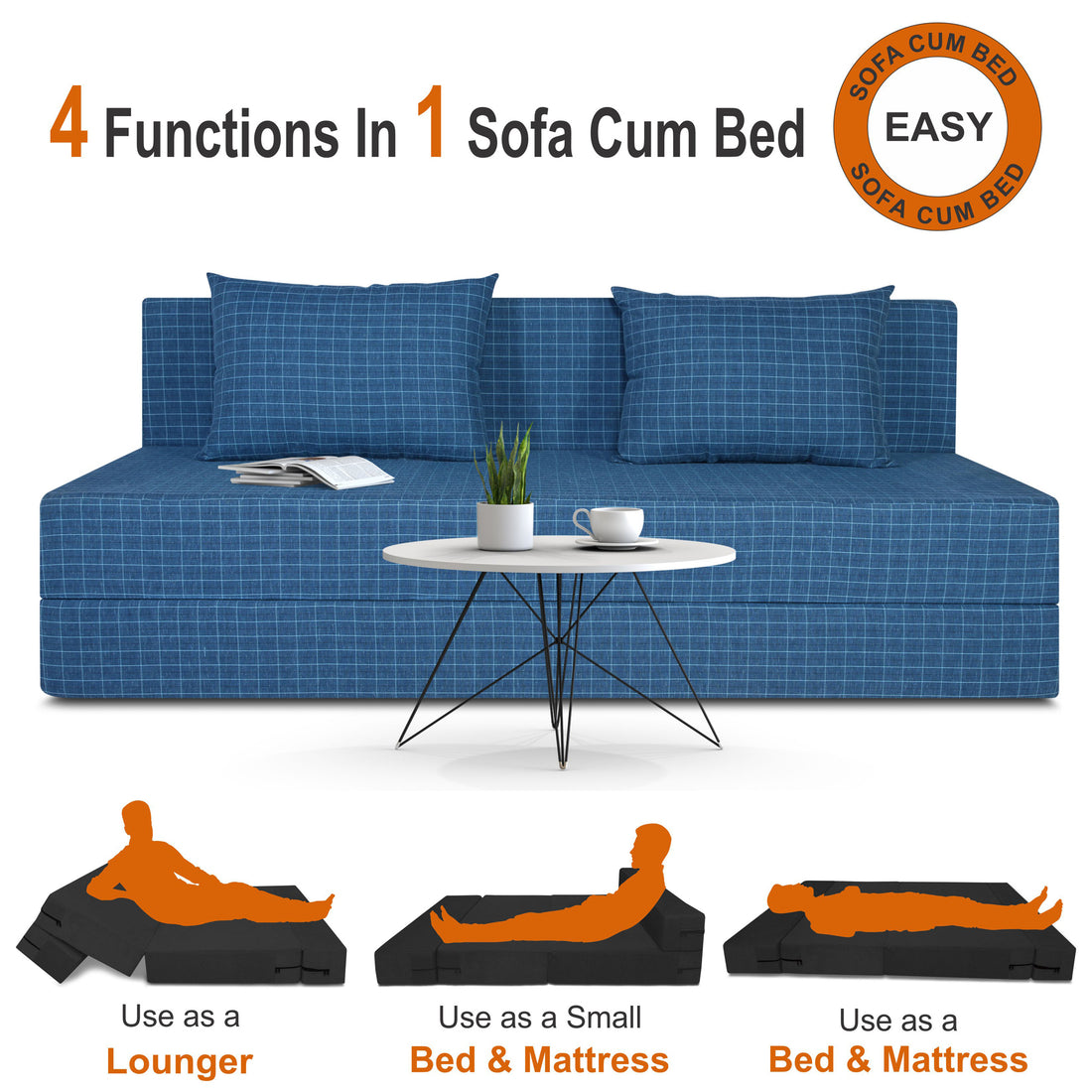 Adorn India Easy Three Seater Sofa Cum Bed Checks Design 6' x 6' (Blue)