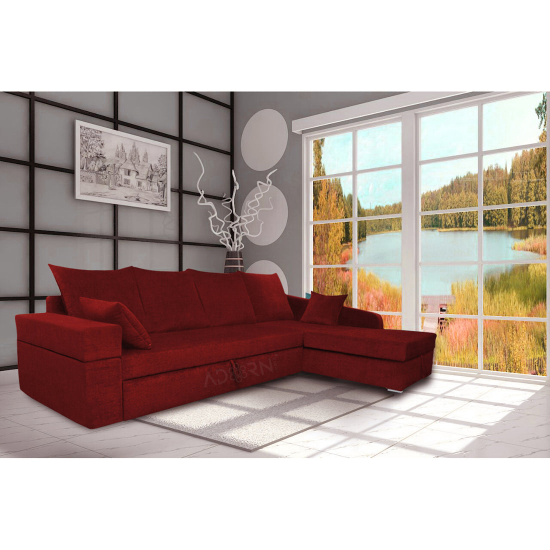 Adorn India Comfort Line L Shape 6 Seater Corner Sofa Cum Bed RHS (Maroon)