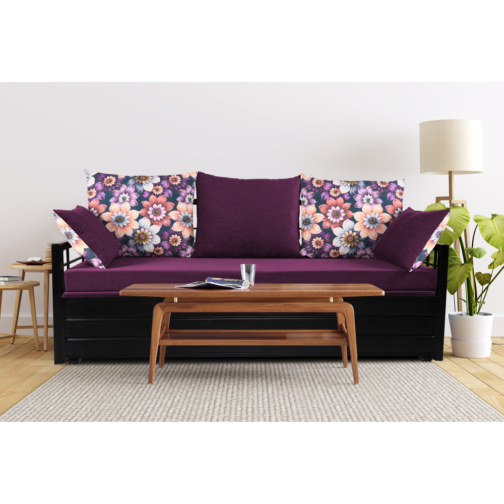 Adorn India Polar Black Metal Three Seater Sofa Cum Bed with Storage (6 x 5) (Purple)