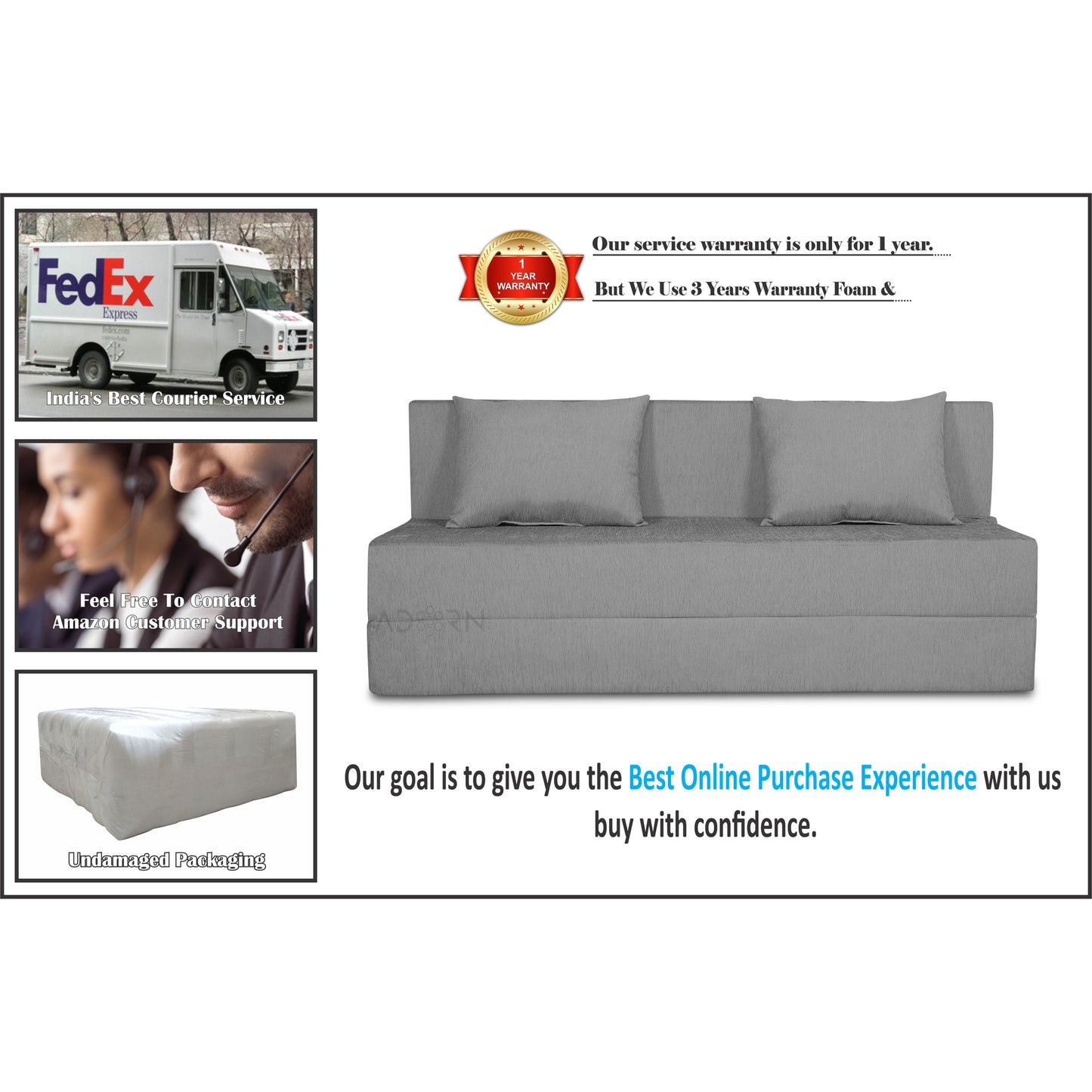 Adorn India Easy Three Seater Sofa Cum Bed Alyn 5'x 6' (Grey)