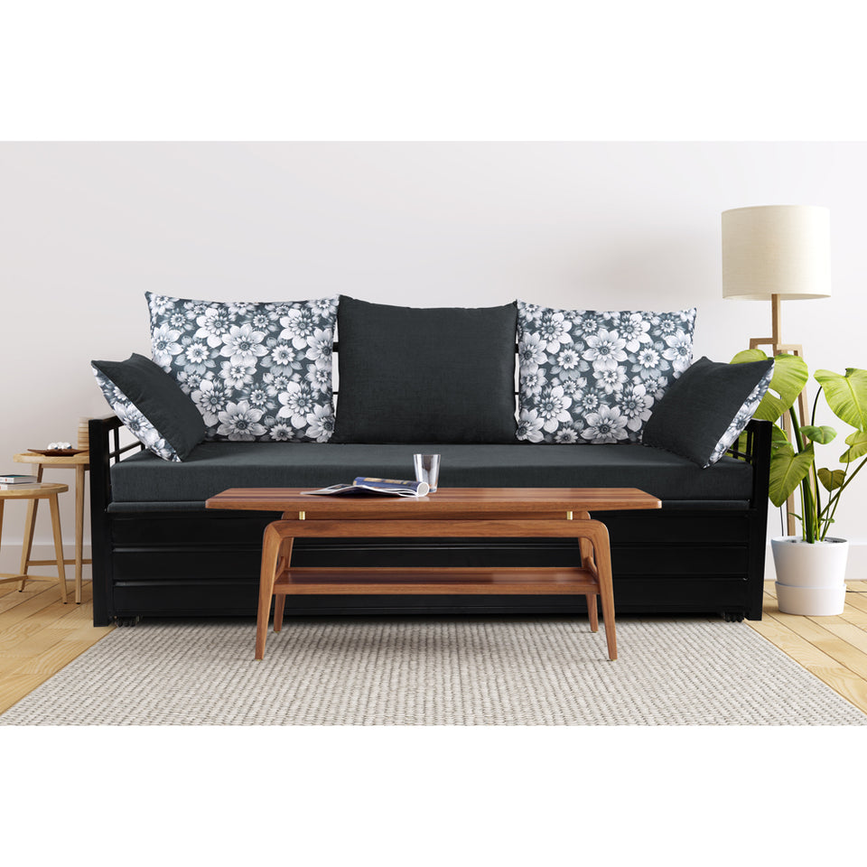 3 Seater Sofa Cum Bed Polar Black Metal with Storage (6x5) (Dark Grey)
