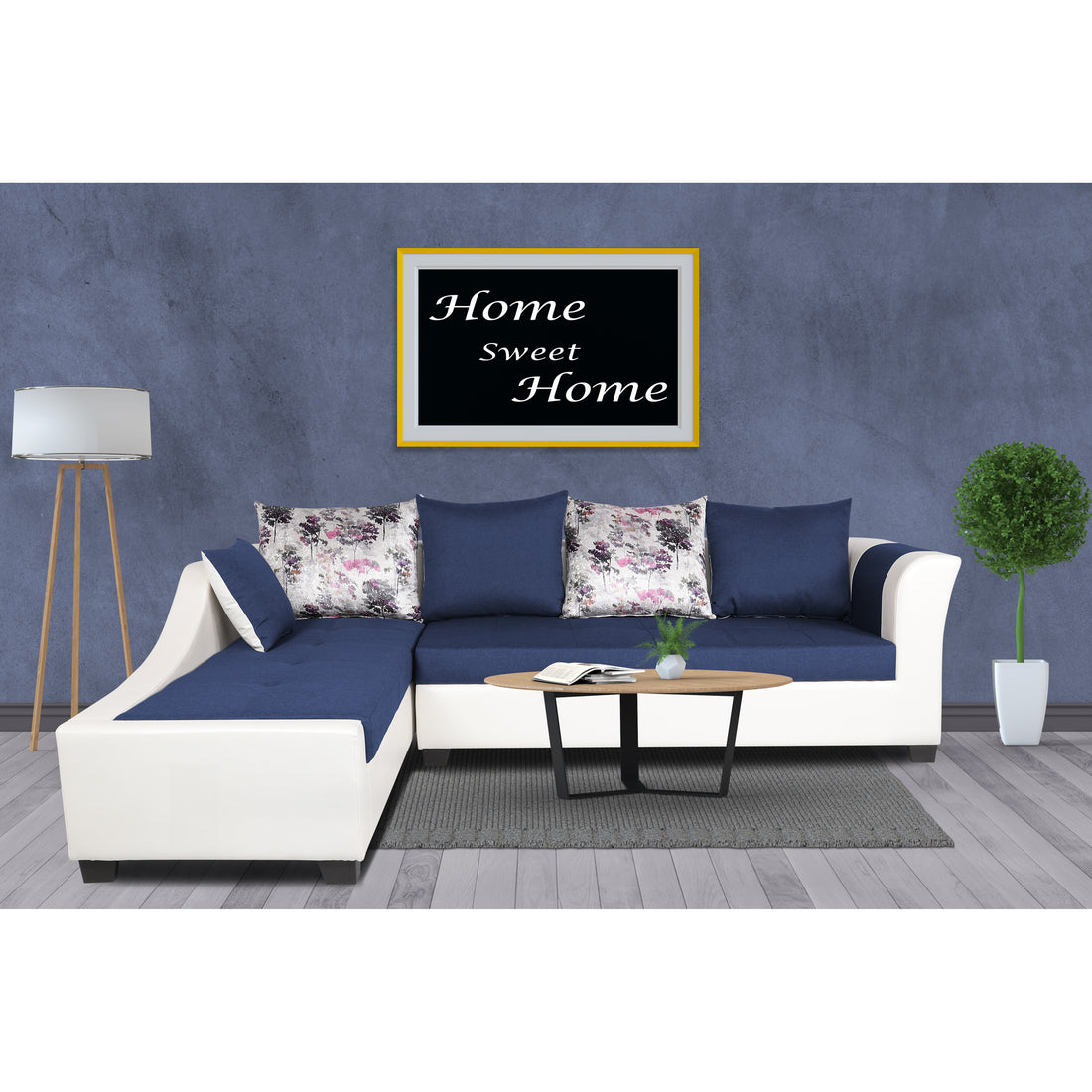 Adorn India Aliana L Shape Leatherette Fabric 6 Seater Sofa Set LHS (Blue & White) (3 Year Warranty)
