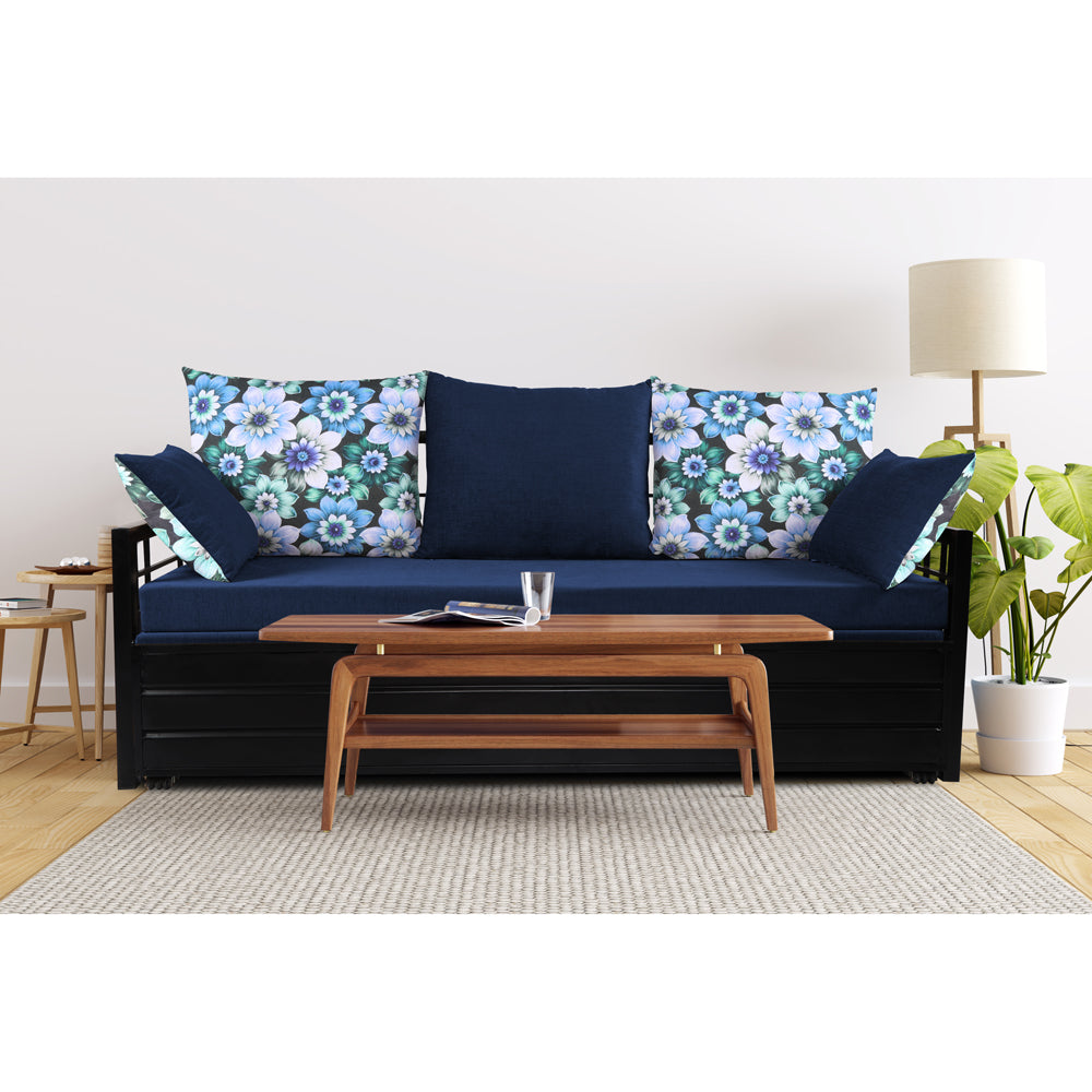 Adorn India Polar Black Metal Three Seater Sofa Cum Bed with Storage (6 x 5) (Blue)