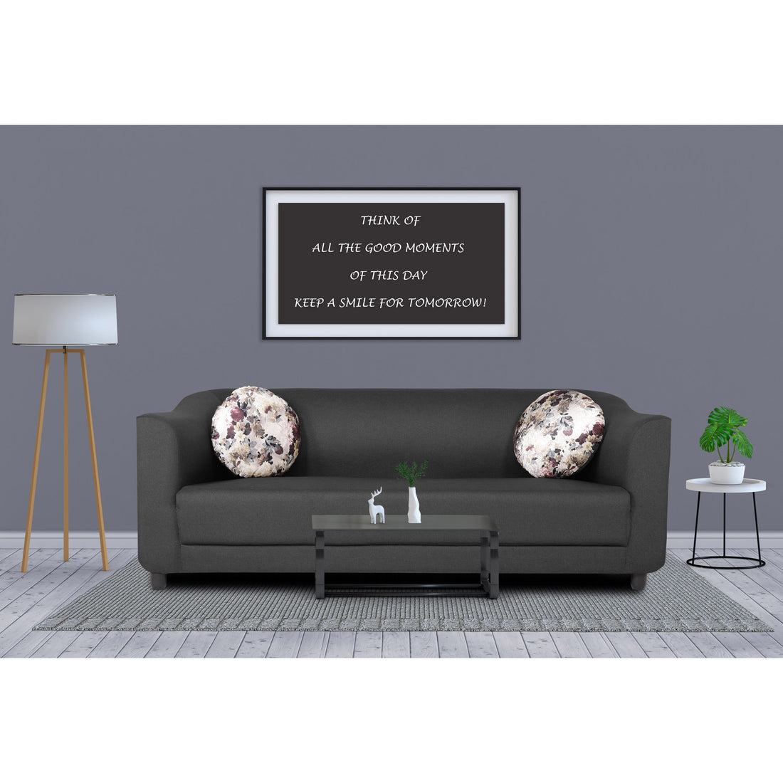 Adorn India Brisco 3 Seater Sofa (Dark Grey), Wood, Foam