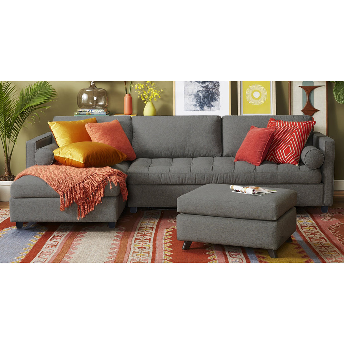 Adorn India Alexander L Shape 7 Seater Sofa Set with Ottoman Puffy LHS (Light Grey) (3 Year Warranty)