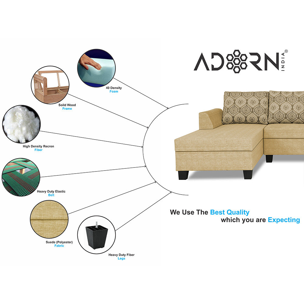 Adorn India Raiden Damask L Shape 6 Seater Sofa Set with Center Table (Left Hand Side) (Beige)