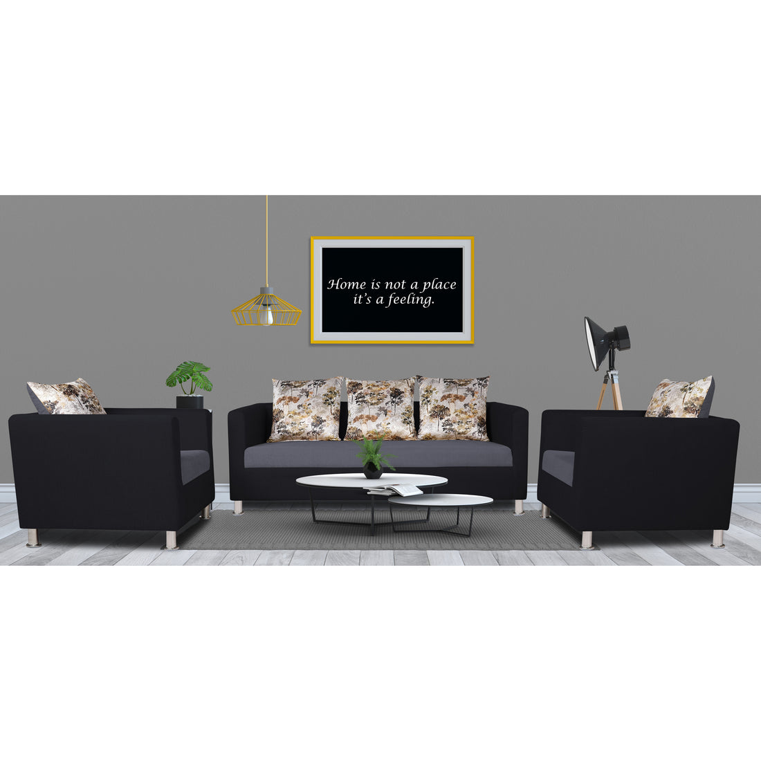 Adorn India Exclusive Two Tone Alita Compact 3-1-1 Sofa Set (Dark Grey & Black), Wood, Foam