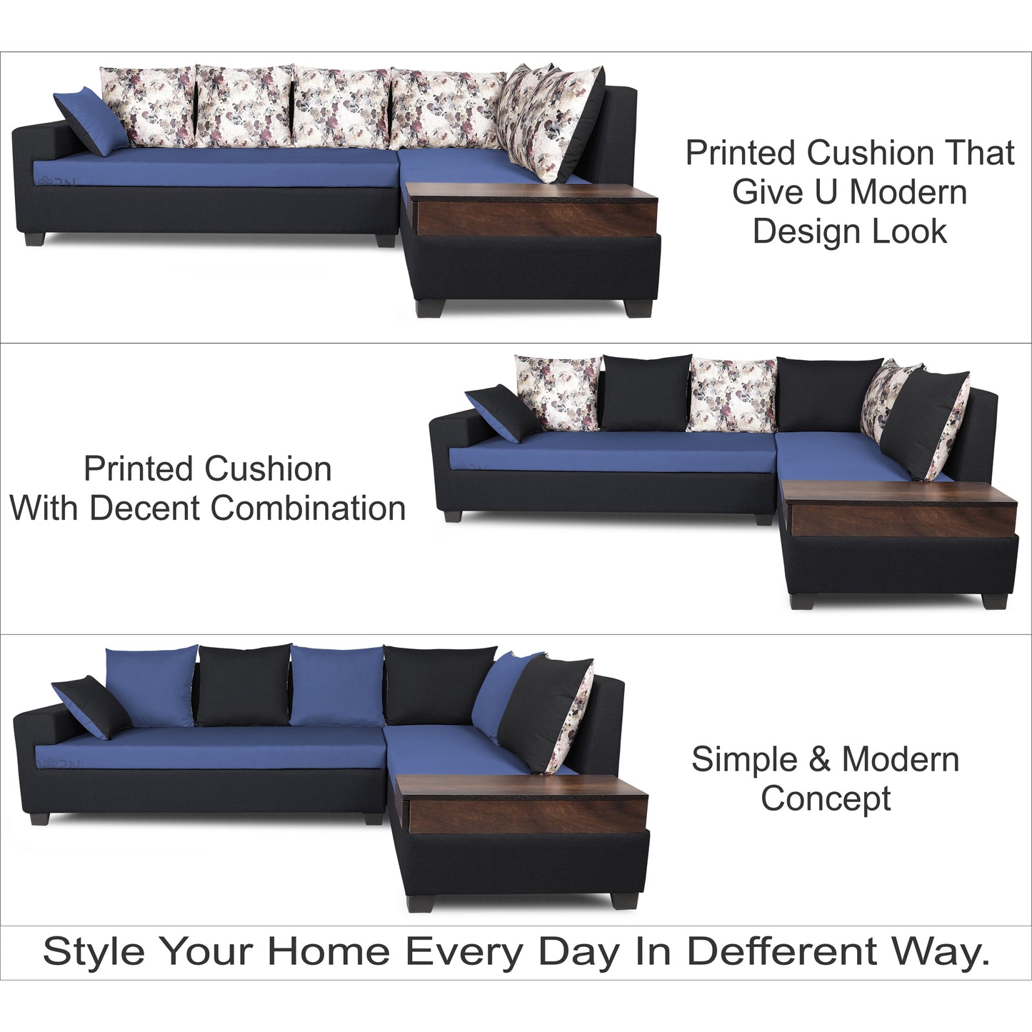 Adorn India Orlando Fabric  L Shape 6 seater Sofa set (Black & Blue)