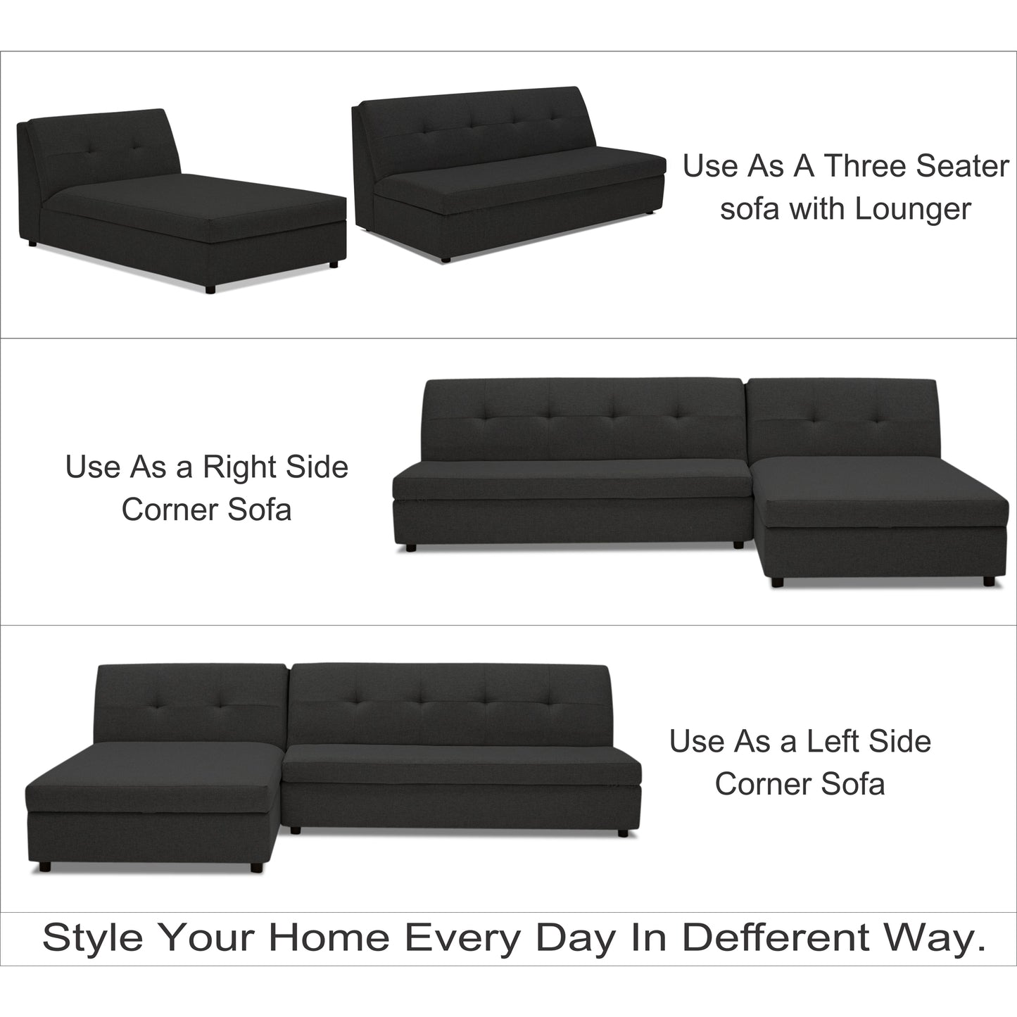 Adorn India Atlas Modular Sofa Set (Black)