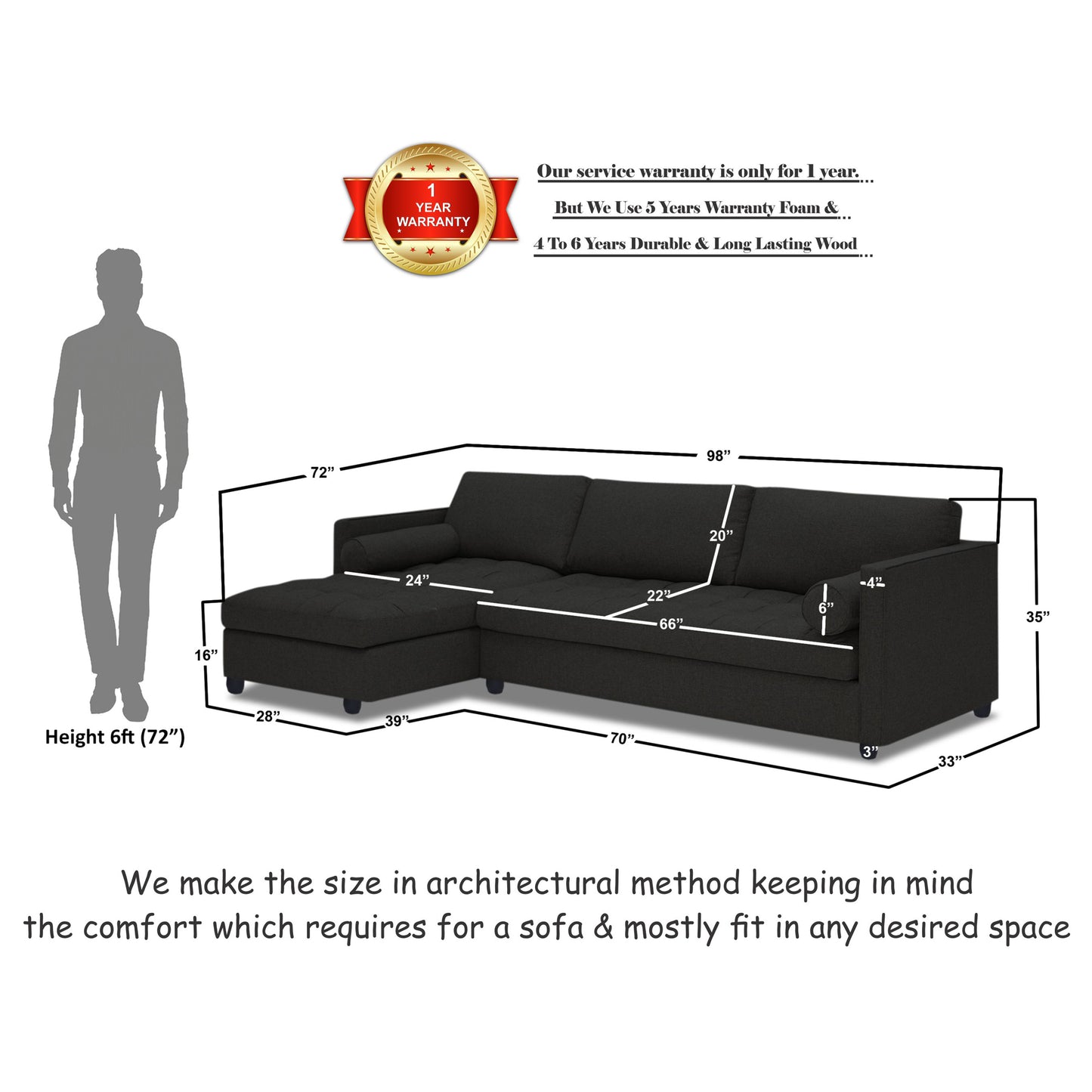 Adorn India Alexander L Shape 6 Seater Sofa (Left Side Handle)(Black)