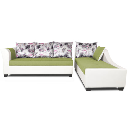 Adorn India Aliana L Shape Leatherette Fabric 6 Seater Sofa (Green & White)