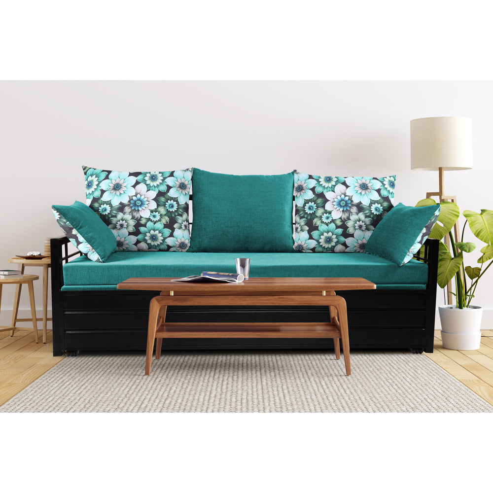 Adorn India Polar Black Metal Three Seater Sofa Cum Bed with Storage (6 x 5) (Aqua Blue)