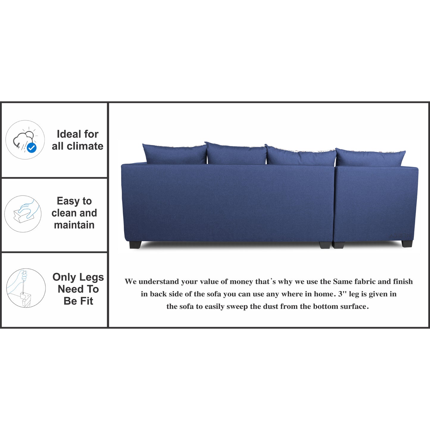 Adorn India Mclain L Shape 6 Seater Sofa (Left Side Handle)(Blue)