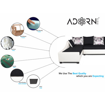 Adorn India Aliana L Shape Leatherette Fabric 6 Seater Sofa (Left Side Handle)(Black & White)
